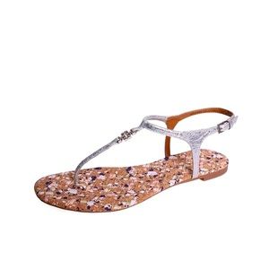 Tory Burch Marion Silver Quilted Logo Thong T Strap Sandals Shoes Cork Footbed 9